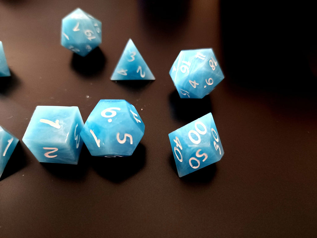 Wind and Sky Inspired Blue Marble *sharp edge* Gaming Dice with Extra D4 and Extra D20
