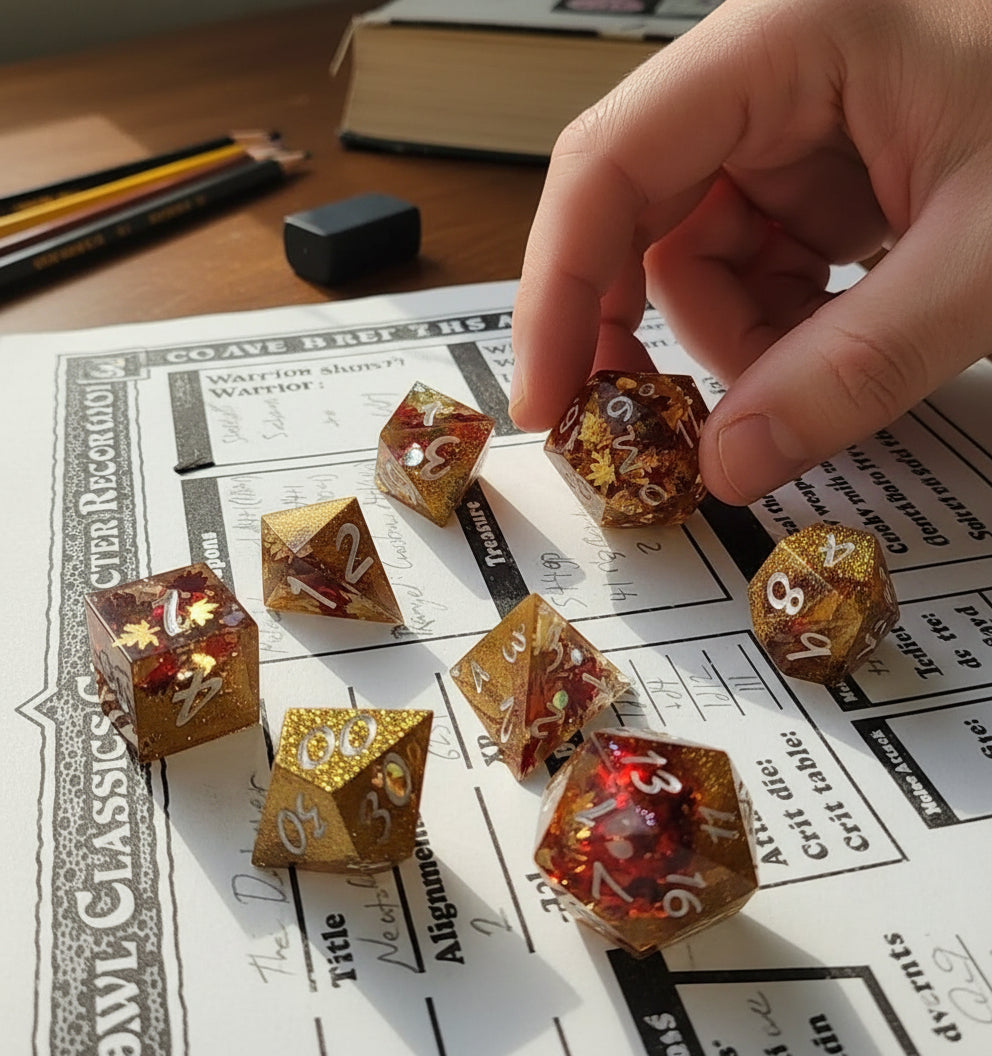 Gold and Autumn Leaves *sharp edge* Gaming Dice with Extra D4
