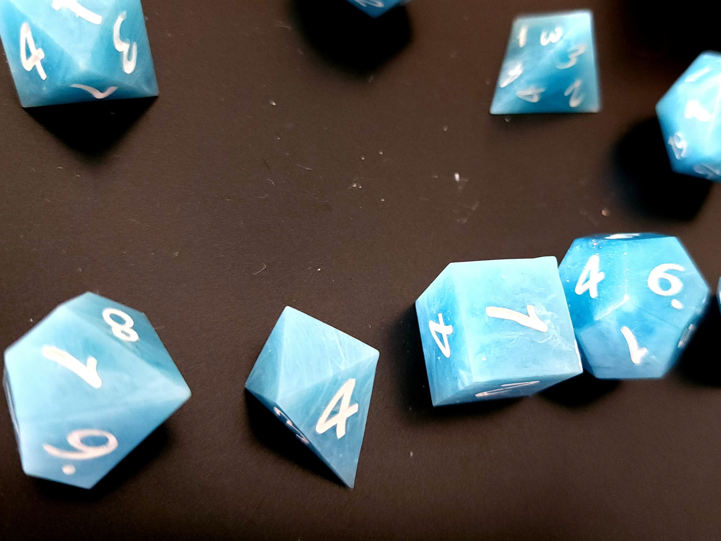 Wind and Sky Inspired Blue Marble *sharp edge* Gaming Dice with Extra D4 and Extra D20