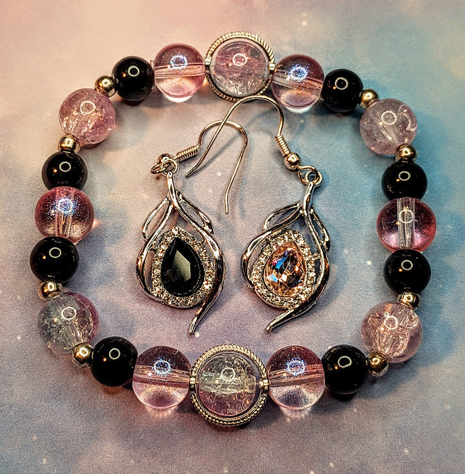 Airy Soft Pink and Black Bracelet and Earring Set