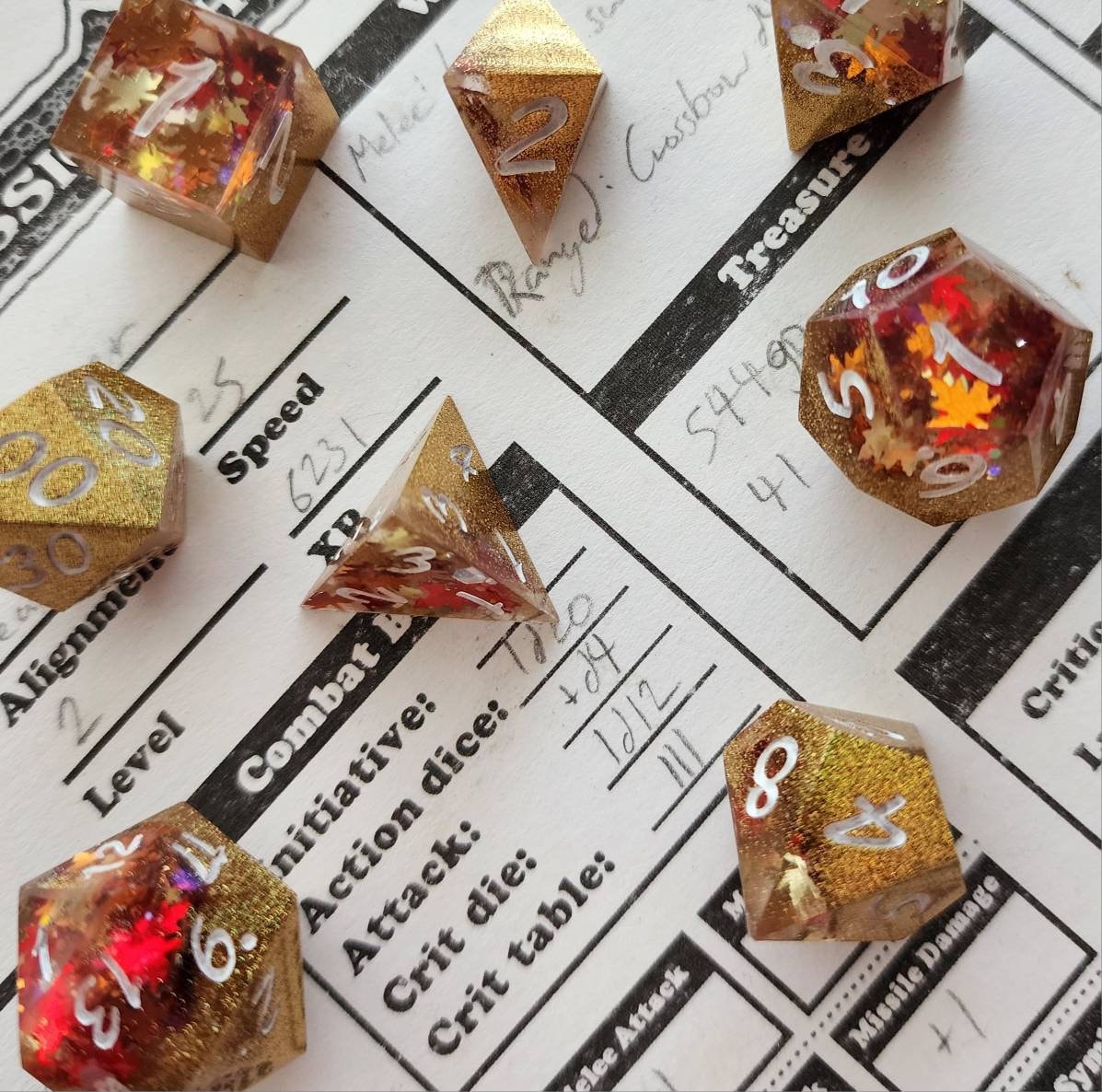 Gold and Autumn Leaves *sharp edge* Gaming Dice with Extra D4