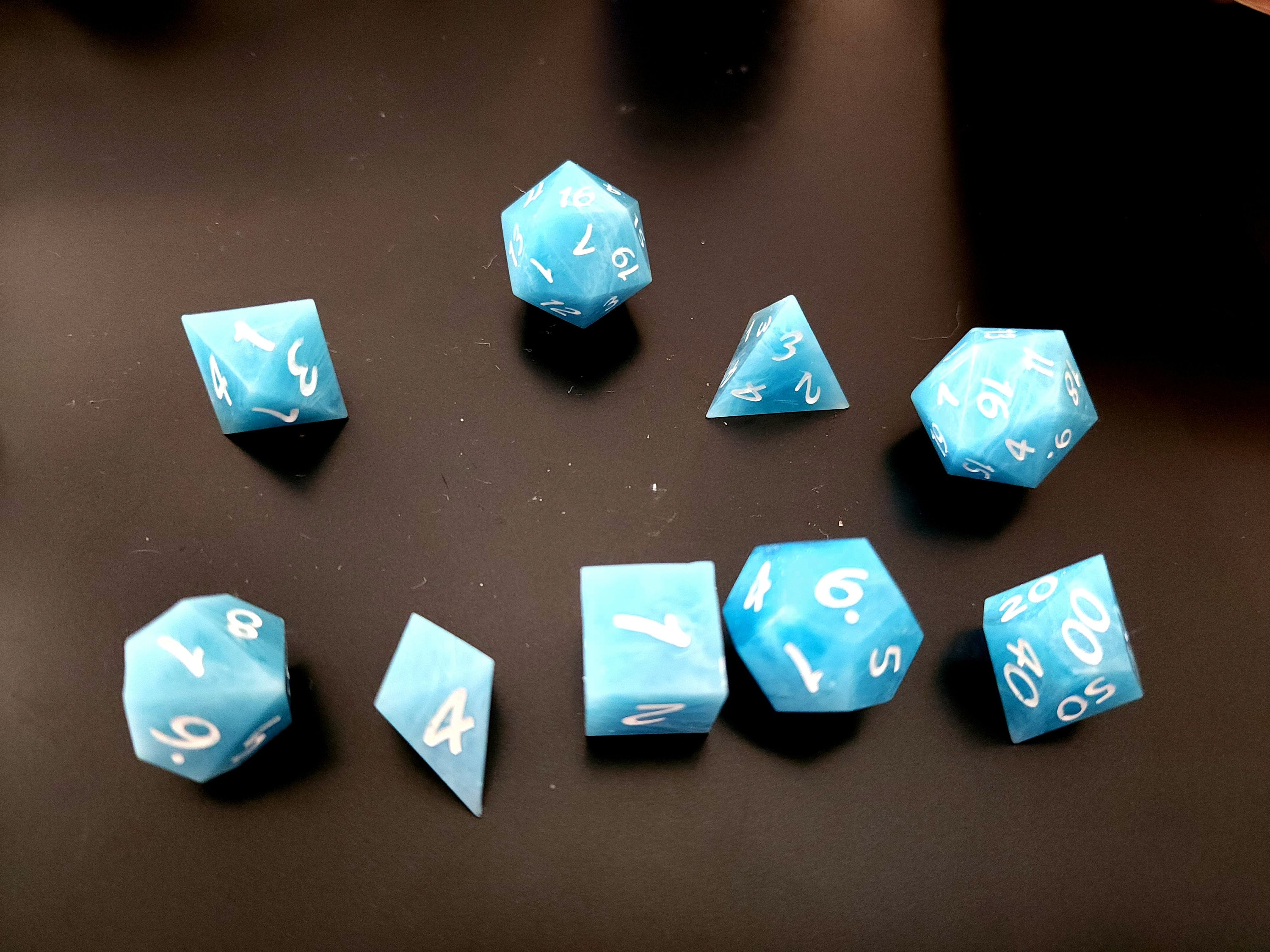 Wind and Sky Inspired Blue Marble *sharp edge* Gaming Dice with Extra D4 and Extra D20