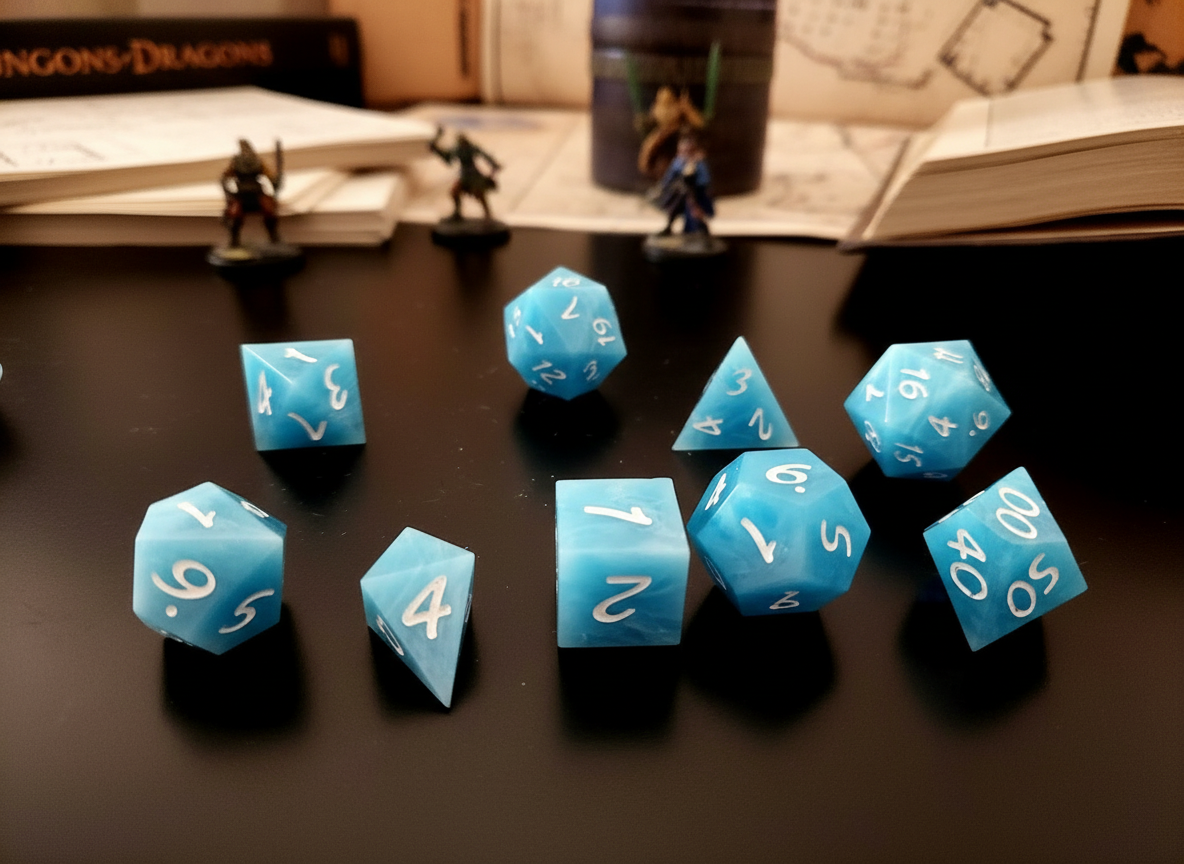 Wind and Sky Inspired Blue Marble *sharp edge* Gaming Dice with Extra D4 and Extra D20