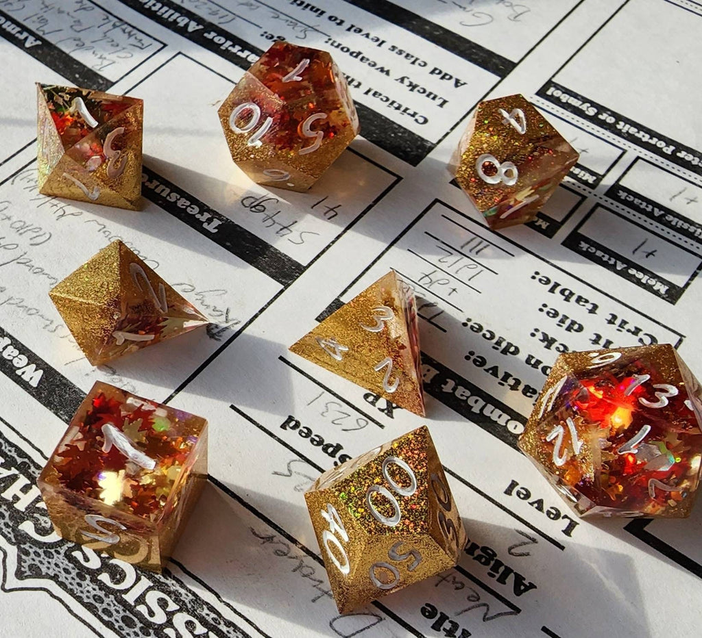 Gold and Autumn Leaves *sharp edge* Gaming Dice with Extra D4