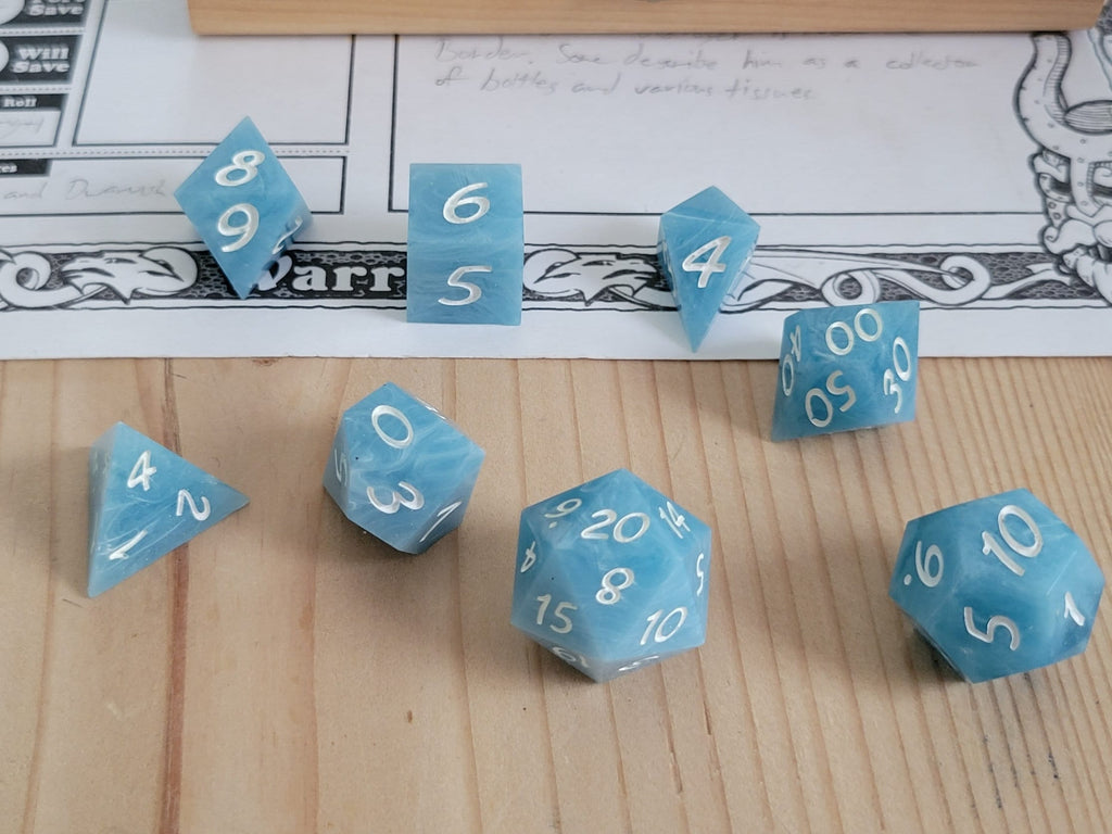 Wind and Sky Inspired Blue Marble *sharp edge* Gaming Dice with Extra D4 and Extra D20